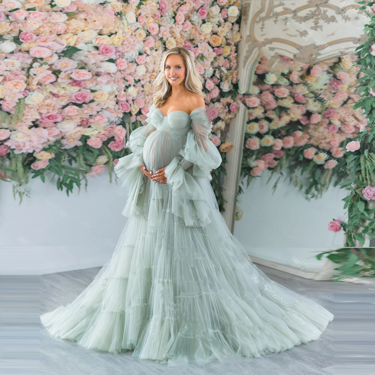 

Photography Women Dress Sweetheart Mint Tulle Long Maternity Dresses Corset Extra Lush Maxi Gowns Layered Sleeves Photoshoot