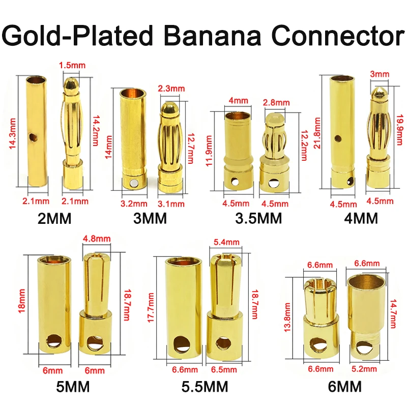 5/10Pairs 2mm 3mm 3.5mm 4mm 5mm 5.5mm 6mm Bullet Banana Plug Pure Copper Gold-Plated Male Female Connector Banana Plugs Kits