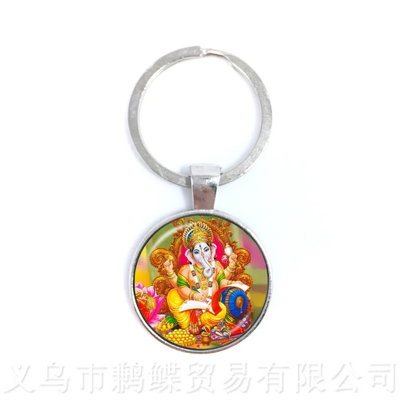 25mm Ganesha Buddha Elephant Glass Dome Keychains Handmade Men Jewelry Car Key Holder Souvenir For Gift