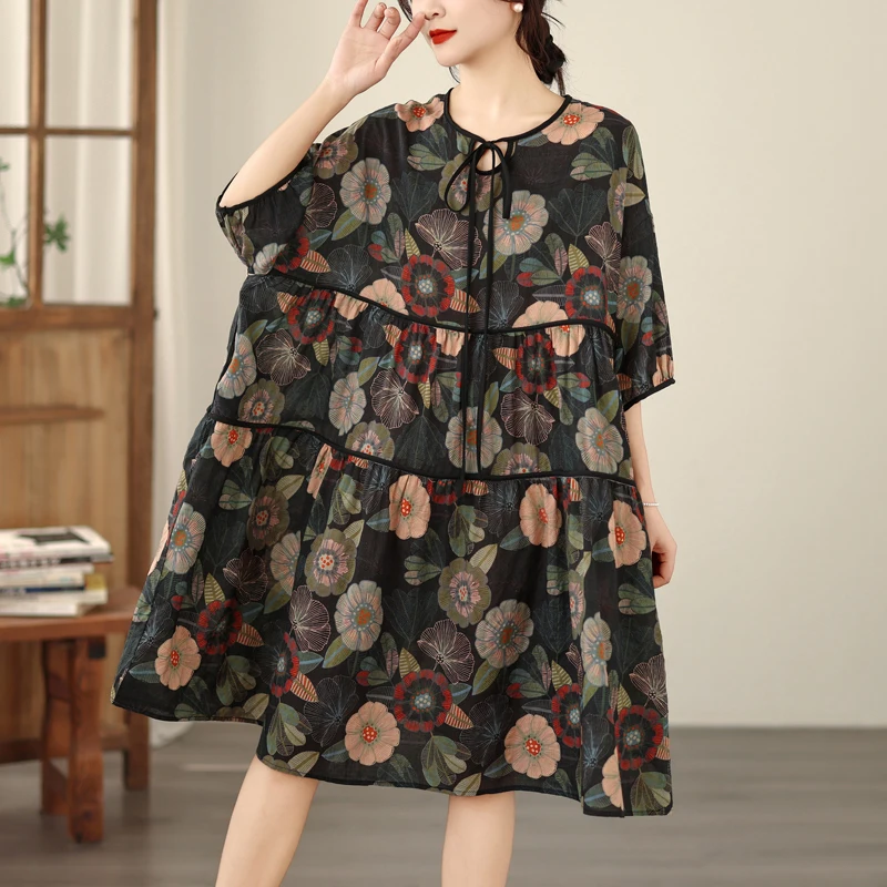 

Summer Large Size Cotton Linen Print Collar Rope Loose Personality Slimming Versatile Dress Artistic Style High Waist A-Line ...