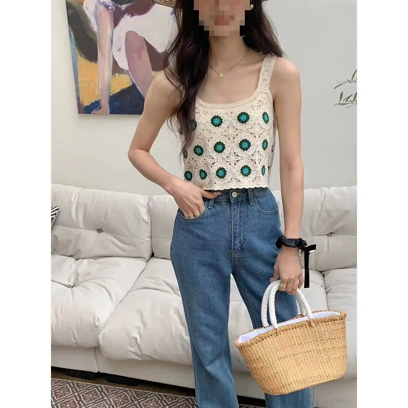 Boring Honey Retro Design Sense Crochet Short Small Suspenders Fashion New Vest Top Summer Sweet Slim All-Match Top Women