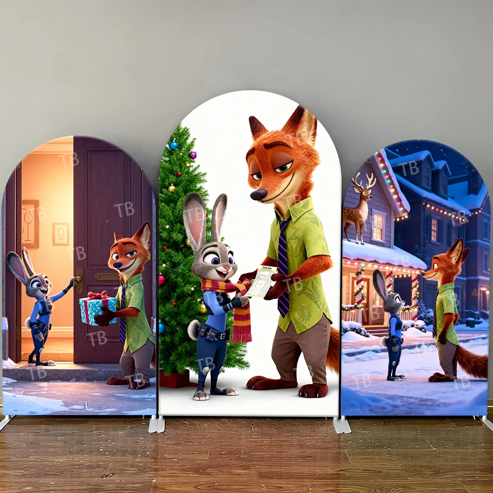 

Disney Zootopia Nick & Judy City Sunset Balcony Train Scene Arch Backdrop Cover Decor Photo Booth Prop for Kids Party