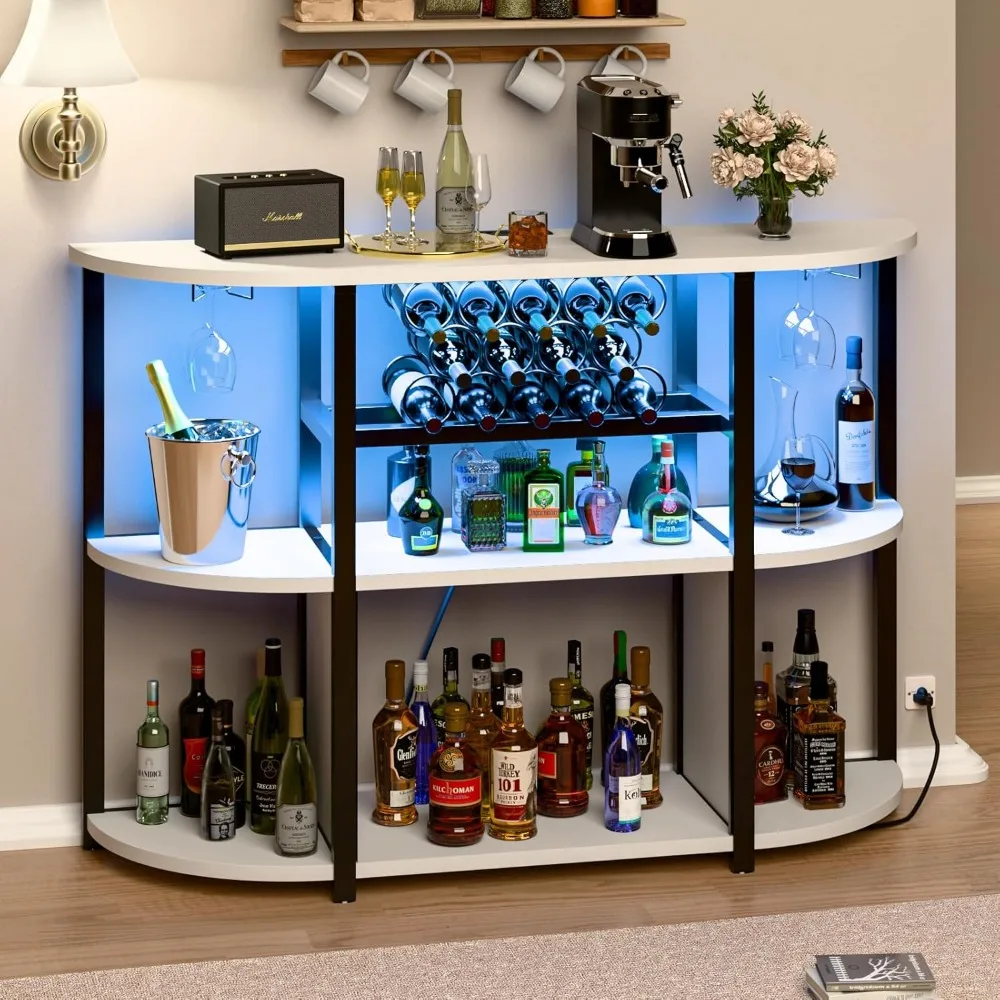 

PUKAMI Wine Bar Cabinet with Power Outlet and LED Lights, Home Bar Cabinet Table for Liquor, Freestanding Wine Racks with 4-Tier