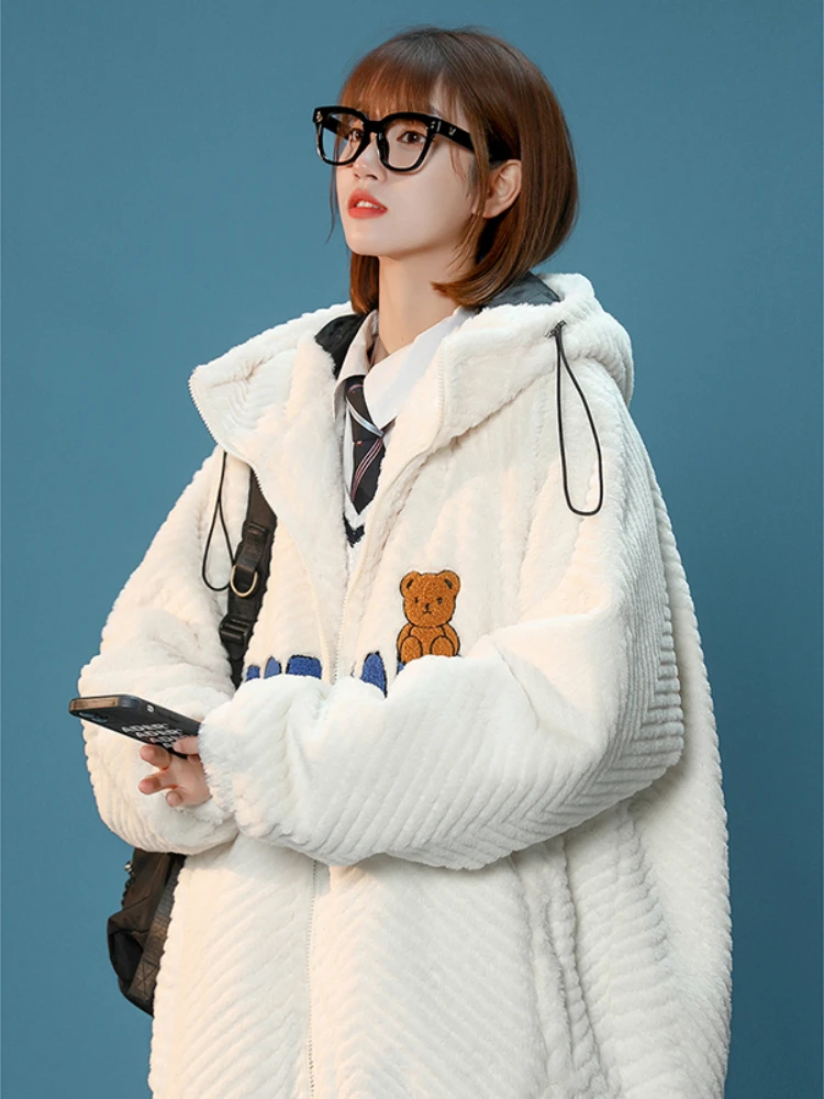 Lamb Wool Cotton Coat Female New Design Sense Niche Winter Bear Hooded Cotton Coat