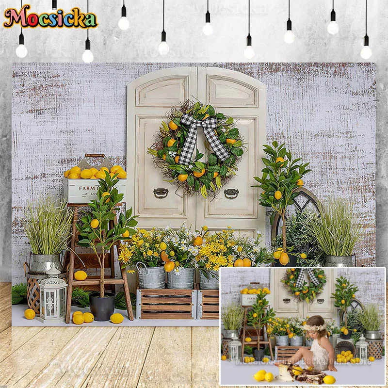 Lemon Farm Themed Cake Smash Photography Background Green Plant Retro Wood Wall Fruit Backdrop Newborn Kid Birthday Photo Studio