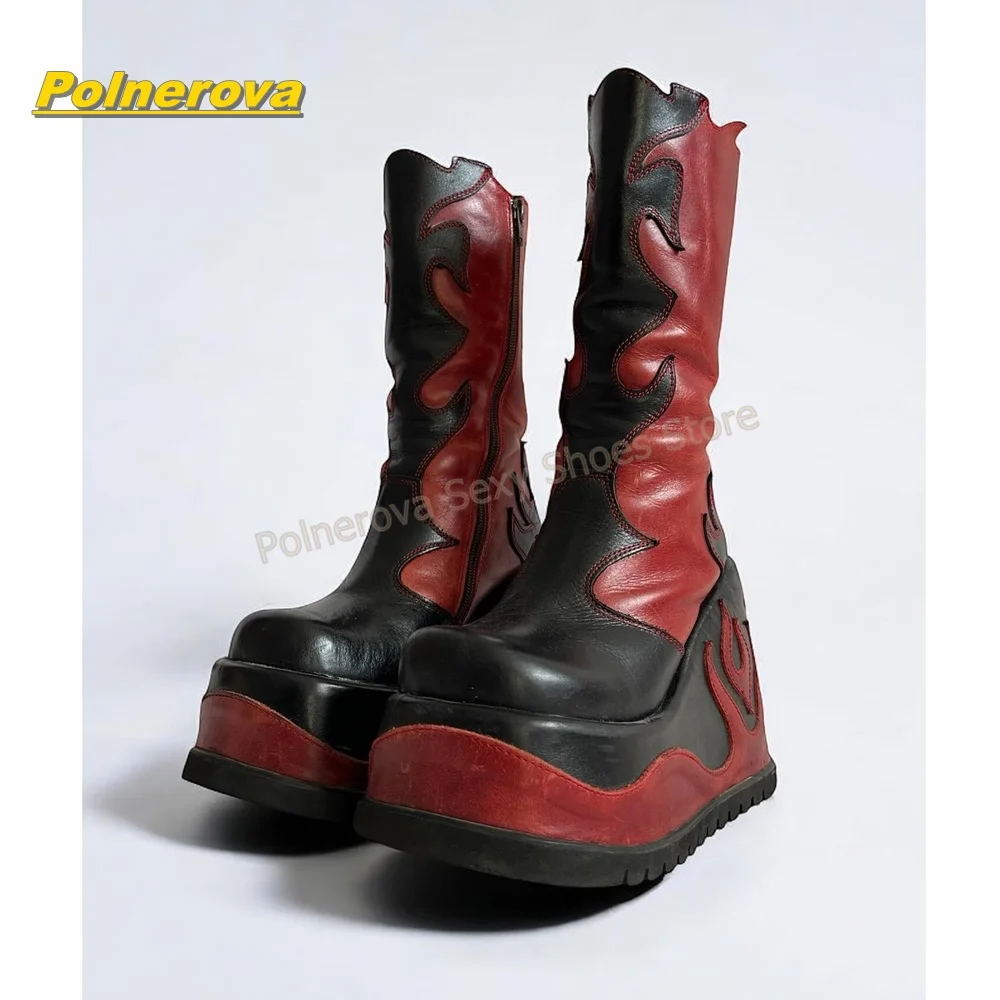 Red Black Flame Patchwork Boots Round Toe Wedge Platform Side Zip Gothic Punk Y2K Knee High Boots Couple Festival Alt Rock 2026