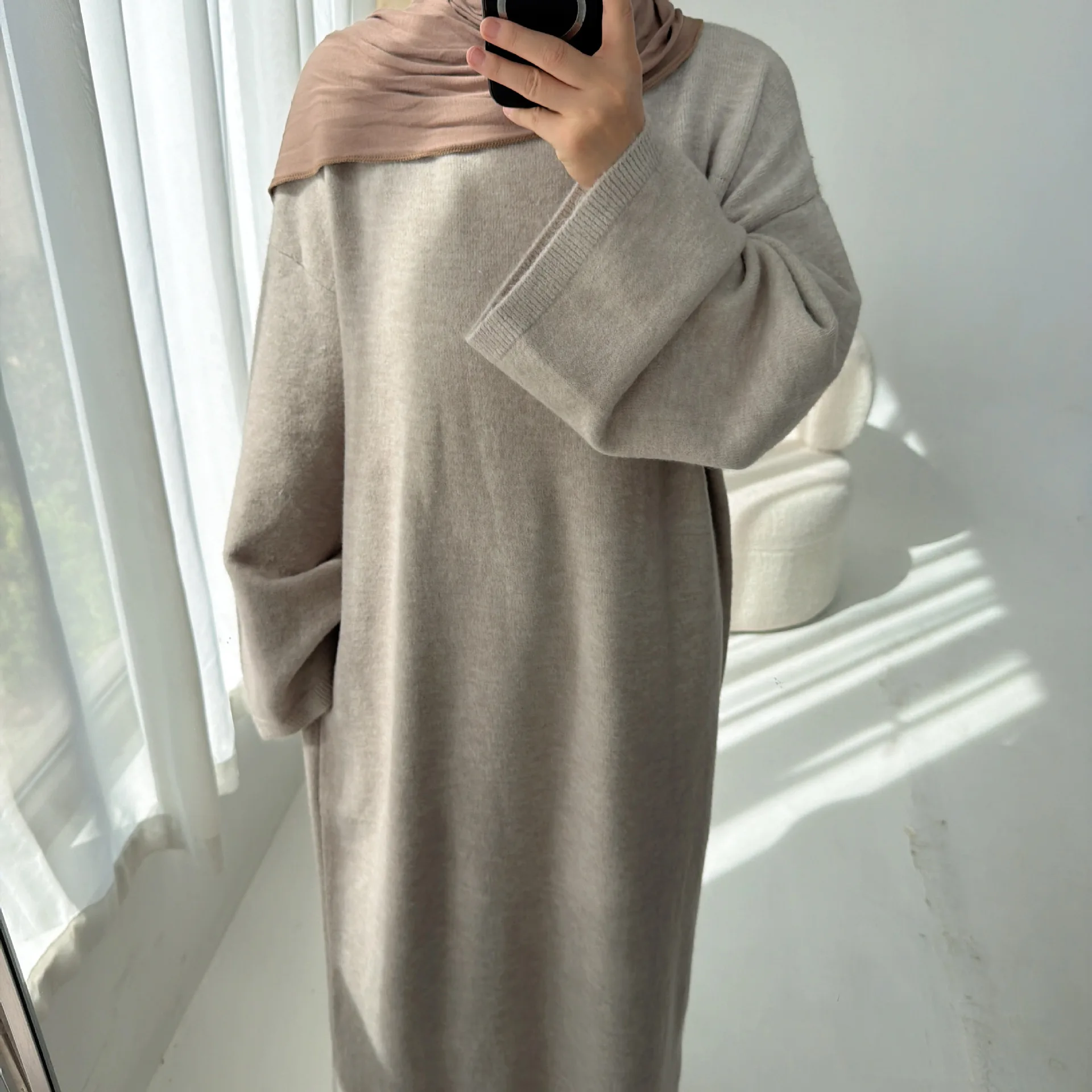 Autumn Winter Women Knit Dress Crew Neck Drop Shoulder Loose Ladies Knitted Long Dress Turkey Kaftan Robe Islamic Caftan Gown