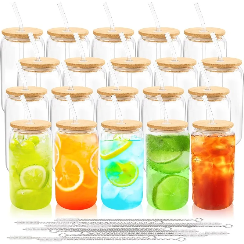 

20 Set Glass Cups with Bamboo Lids and Straws 16oz Can Shaped Reusable Iced Coffe Cups with Lids, Drinking Glasses Tumbler