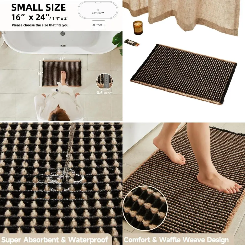 

Non-Slip Absorbent Quick-Dry Bath Mat, 24x16 Khaki & Black, Bohemian Farmhouse Style