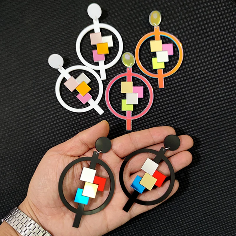 KUGUYS Hanging Mirror Acrylic Earrings for Women Mosaic Fashion Jewelry Geometric Accessories