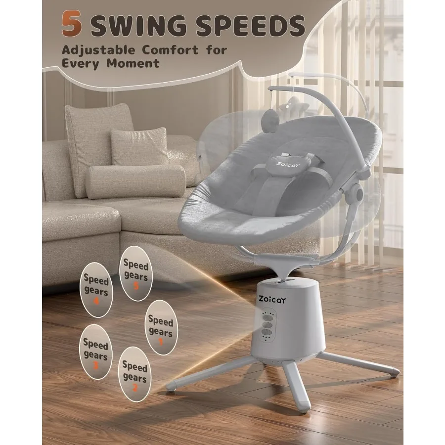 Lichtgewicht babyschommel voor baby's met 3 modi, 5 snelheden, BT-compatibele app, afstandsbediening, elektrische schommel, 6 slaapliedjes en 3 T