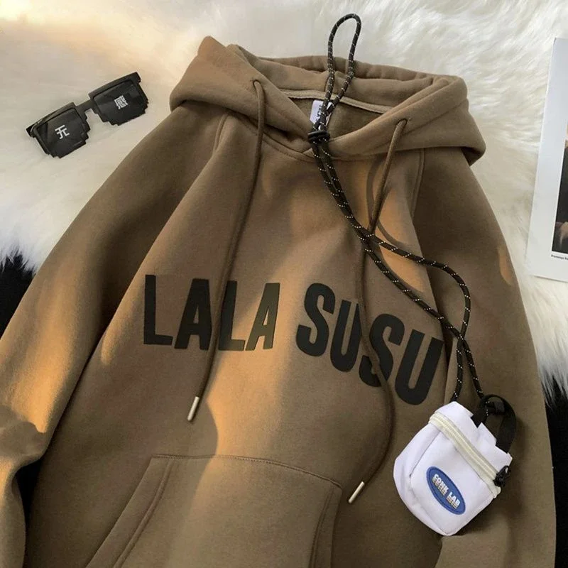 Hoodie retrô estampado com letras para homens e mulheres, top casual solto para casal, roupas extragrandes, minimalista coreano, para primavera e outono