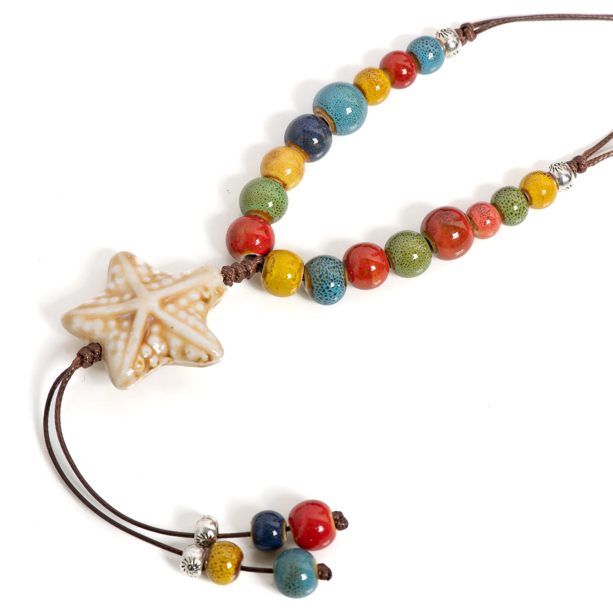 White Star Ceramic Pendant Necklace Handmade Boho Jewelry Colorful Long Adjustable Chain for Women Gifts 1112