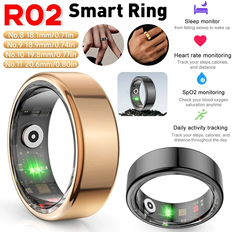 

Smart Ring R02 Wearable Heart Monitoring Rate Blood Oxygen Sleep Fitness IP68 & 5ATM Waterproof Multi-sport Modes Tracker Rings