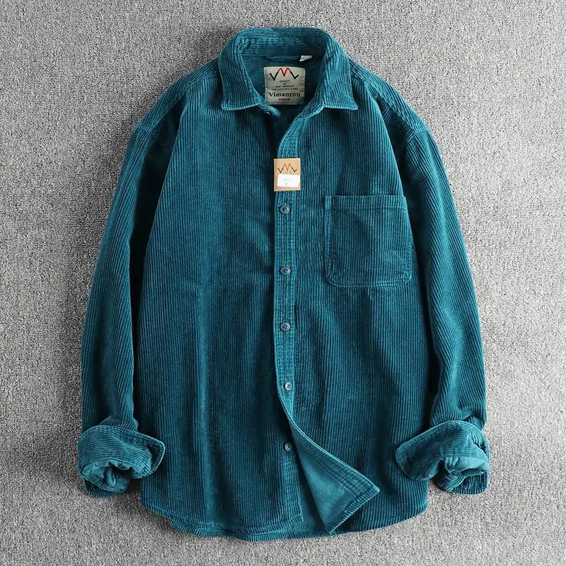 

Single Pocket Woven 100% Cotton 8 Wales Corduroy Men Shirts Vintage Classic Long Sleeve Blouses Amekaji Heavy Washed Tops Coats