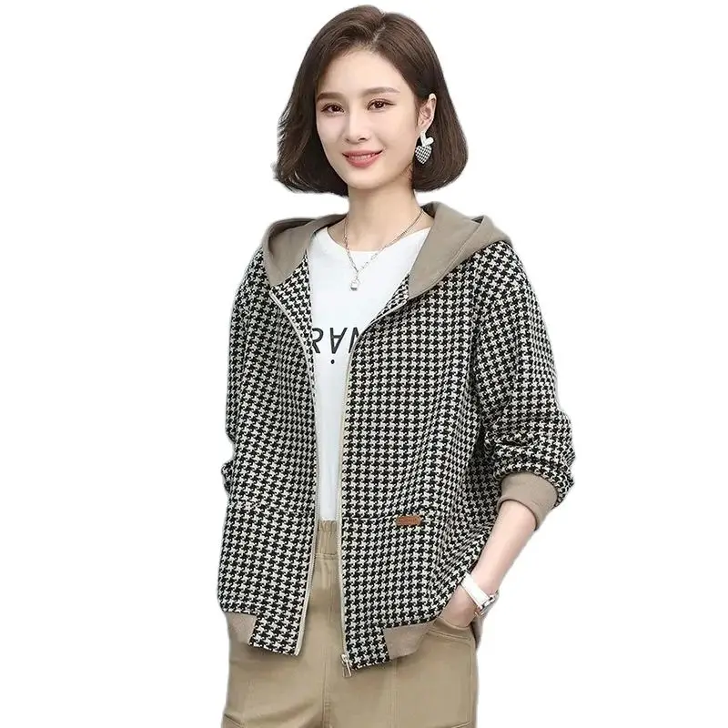 

Autumn Winter Short Casual Windbreaker Women New Loose Splicing Hooded Trench Coat Fashion Pocket Houndstooth Outerwear Female