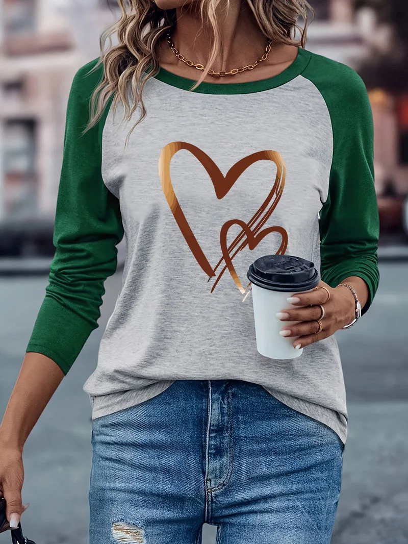 Modisches Damen-Langarm-T-Shirt mit Herz-Print, Lässiges Langarm-T-Shirt, Harajuku-Grafik-T-Shirt für Damen, Winter Herbst