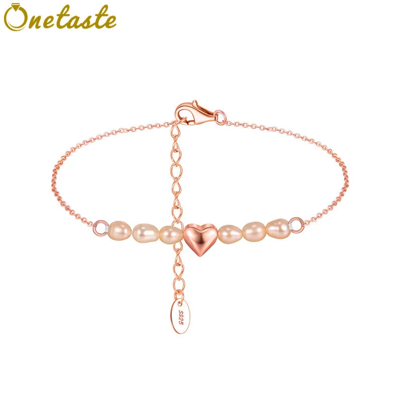 925 Sterling Silver With Freshwater Pearl Heart Charm Bracelet For Women Elegant Simple Love Braclets Adjustable 16.5+5cm Gift