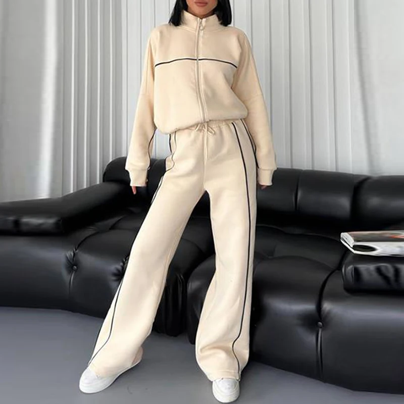Women Fashion Elastic Waist Lace-up Solid Sport Outfits Casual Long Sleeve Loose 2Pc Set Elegant Zip Sweatshirt & Long Pant Suit