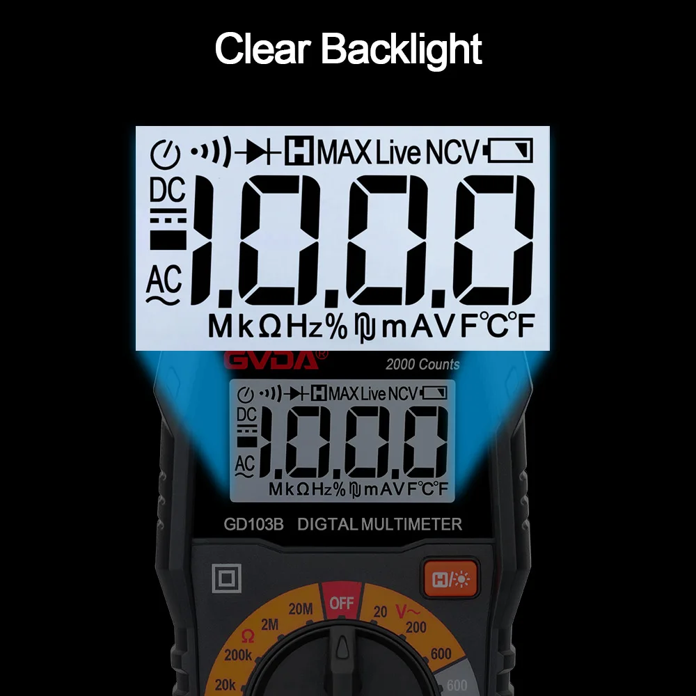 GVDA Multimetro digitale DMM Voltmetro Vero RMS AC DC Misuratore di tensione Diodo Continuità Resistenza Tester 2000 Conteggi Multitester