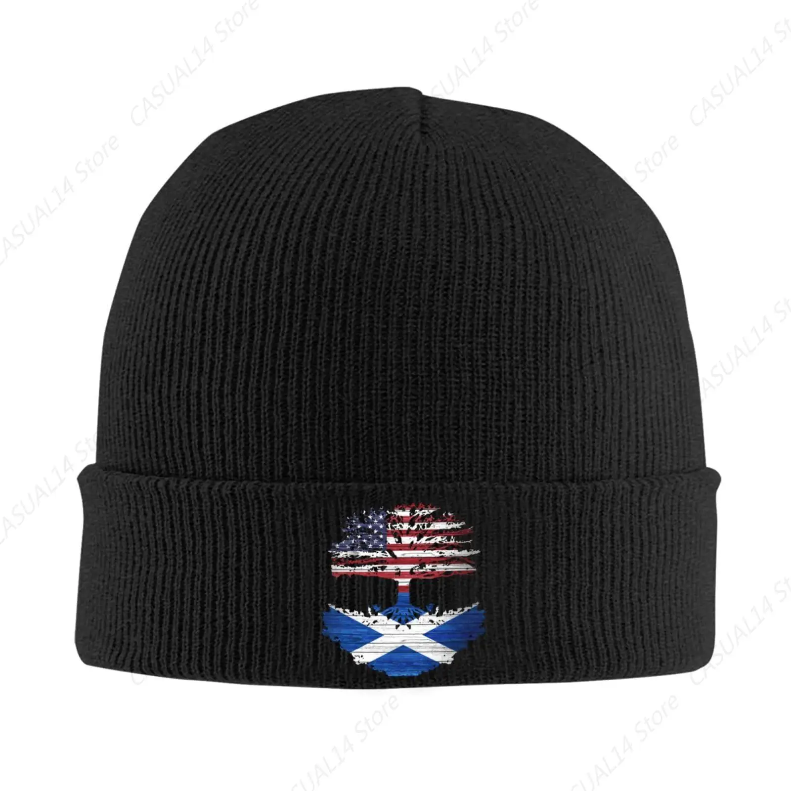 Usa American And Scotland Scottish Flags Knitted Hat Hat Men Womens Cozy Warm Beanie Hats Black