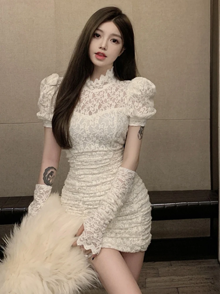 White Sexy Lace Dress Women\'s High-End Skirt Elegant High-End Lady Fit Body Skirt Korean Style Commute Pure Color Short Sleeve