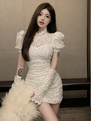 White Sexy Lace Dress Women's High-End Skirt Elegant High-End Lady Fit Body Skirt Korean Style Commute Pure Color Short Sleeve