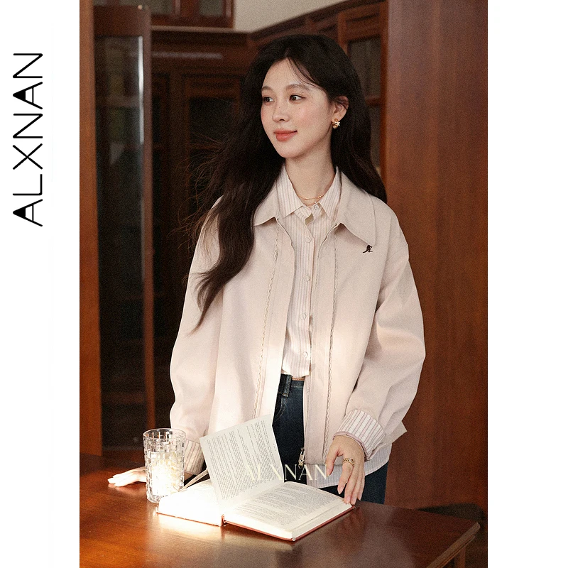 ALXNAN Pink Short Jacket Women 2025 Autumn Casual Zipper Embroidered Cuffs Striped Stitching Jackets Loose-fit Female Top L57721