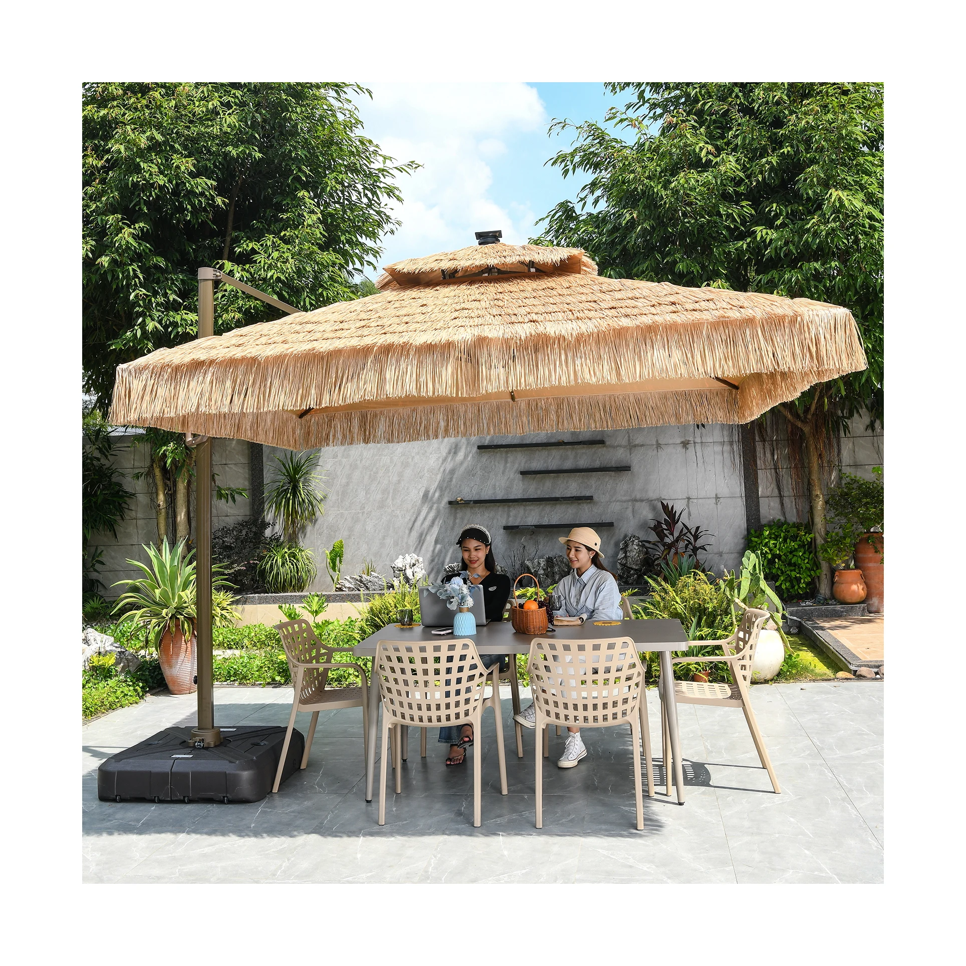 Parasol en paille avec lumière LED solaire, parasol d'extérieur pour piscine, café et restaurant de loisirs