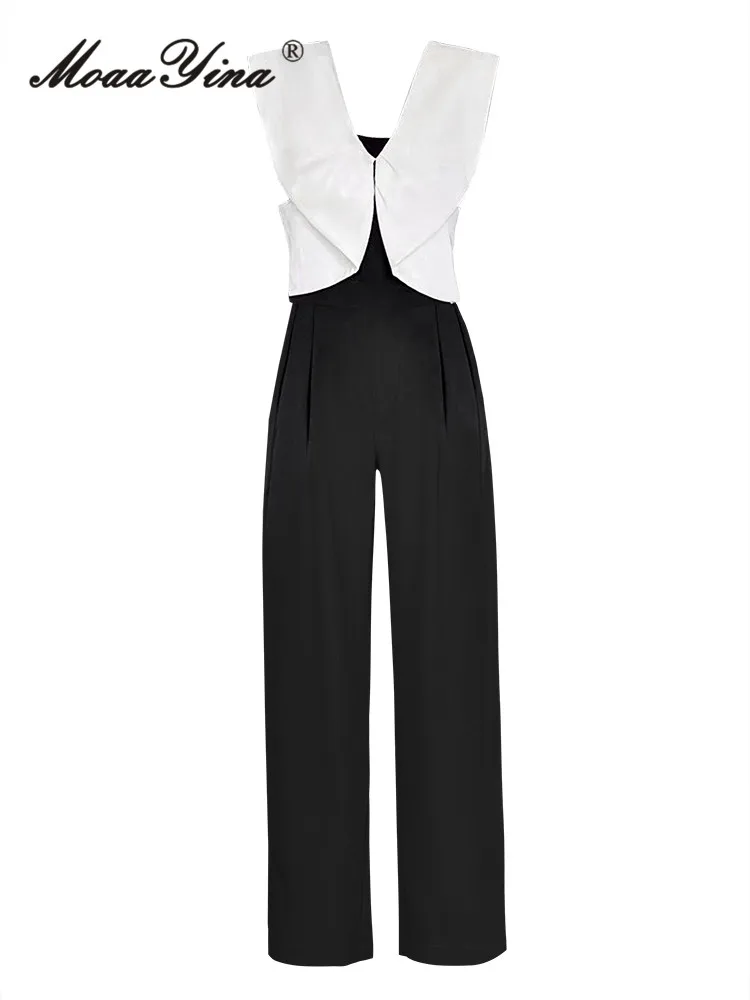 MoaaYina Summer High Quality New Arrivals Women Jumpsuits Casual Patchwork Butterfly Sleeveless Tunics Wide Leg Pants Jumpsuits