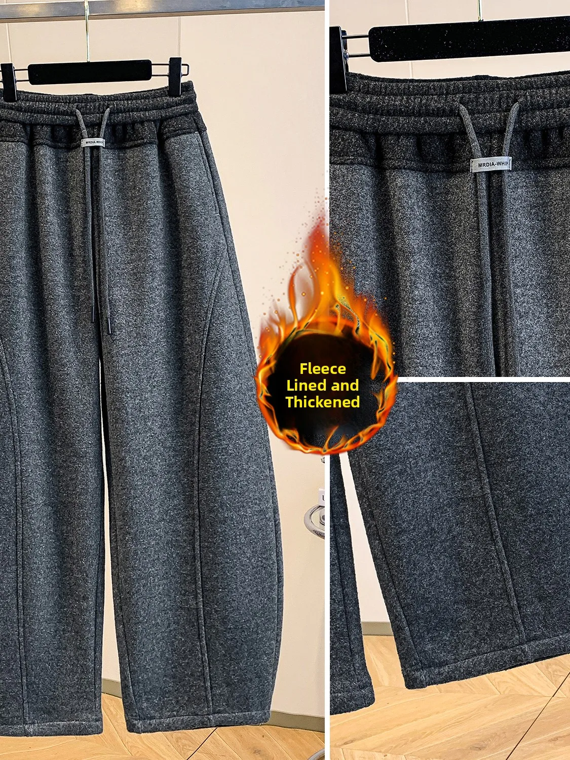 ارتفاع الخصر Fce اصطف واسعة الساق سكين السراويل الصوفية اللون بلو السراويل الشتوية غير رسمية للنساء حجم كبير #4