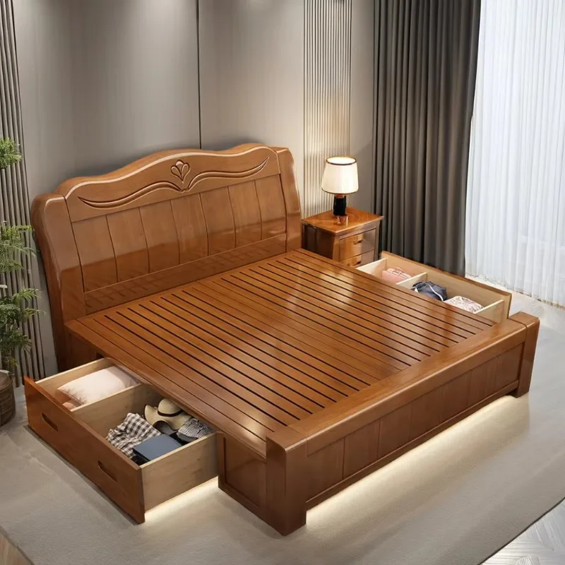 Modern latest wooden bed designs 2024 wooden box bed designs pictures hotel bedroom family Wooden bed with drawers