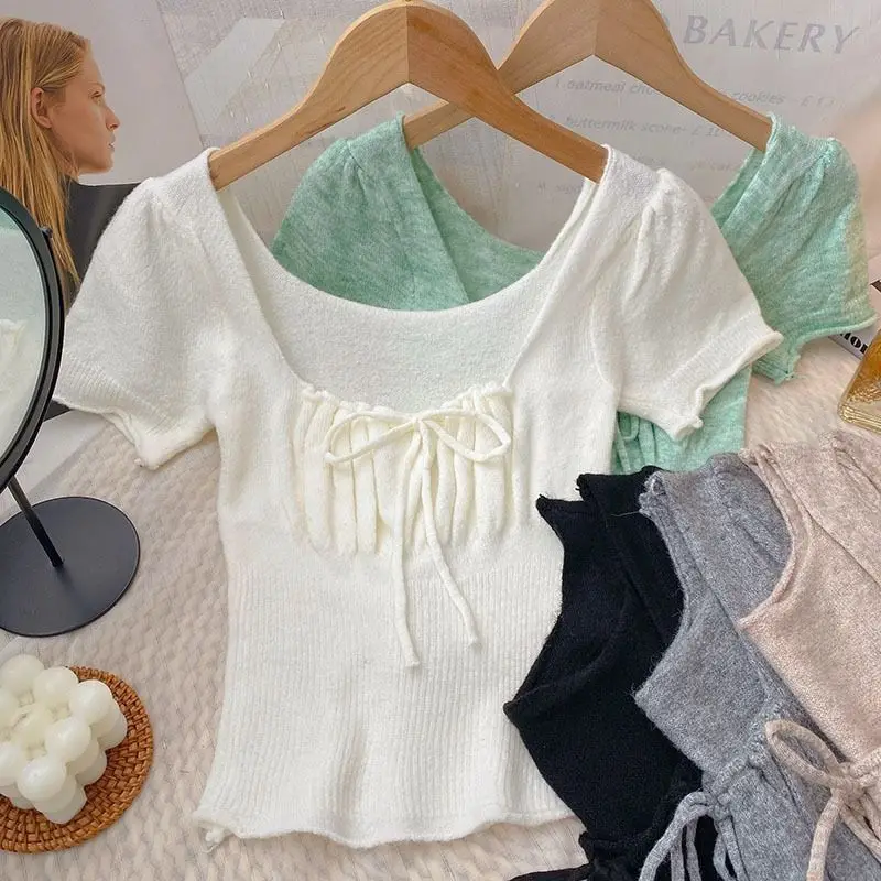 

Korean All-match Short Sleeve T-shirts 2025 Summer New Slim Waist Tee Shirt Elegant Simple Square Collar Top for Women