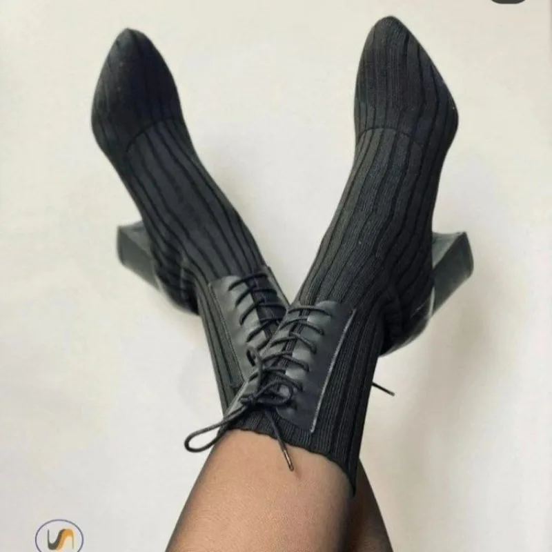 Pointed Chunky Heel Boots Black Surname High Lace-up Knit Sock Boots Plus Size 43 Non-slip Banquet Boots Thigh High