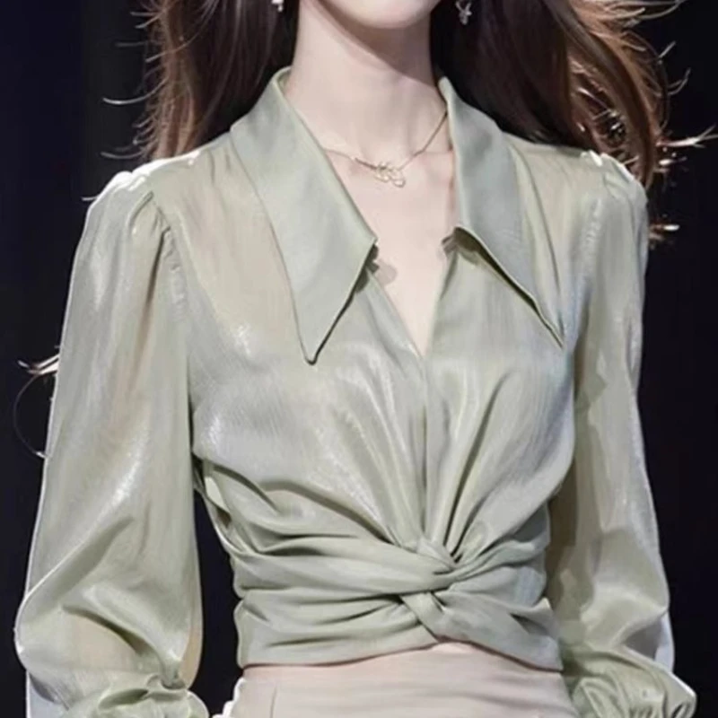 

2025 Spring Fall Women Plated Puff Full Sleeve Green Imitation Silk Top Shirt , Woman Clothing Fashhion Tops Shirts