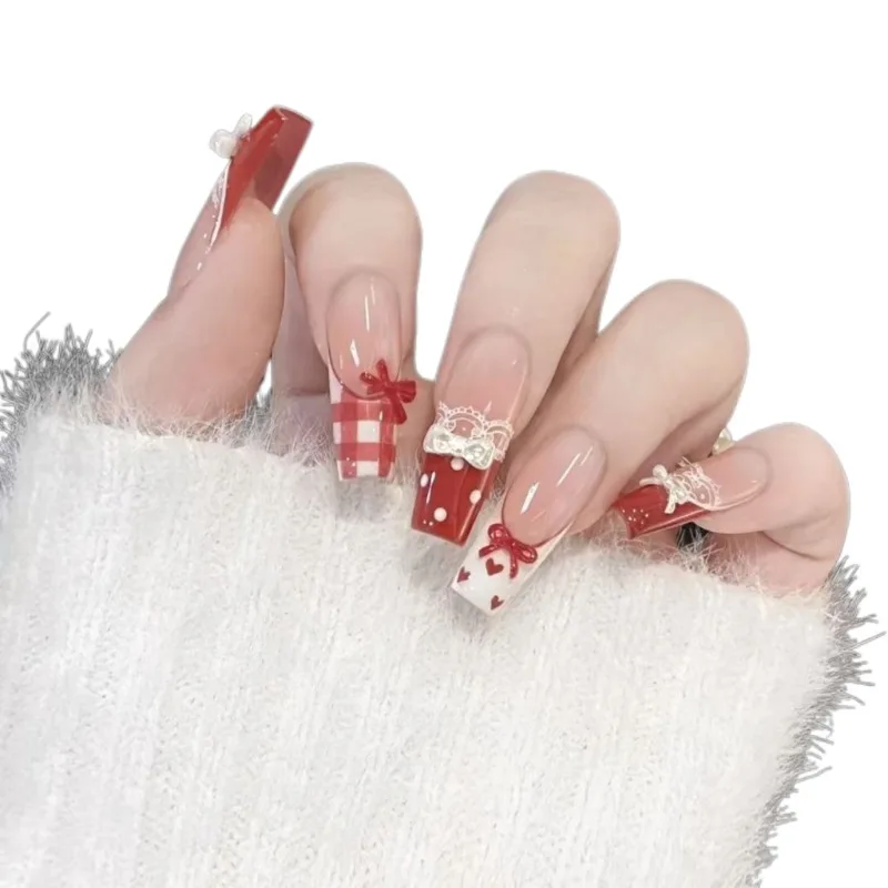 10 Stück Süße Und Niedliche Einfache Lange Handgemachte Nägel Zum Aufdrücken Französische Schleife Spitze Künstliche Nägel Abnehmbar Und Wiederverwendbar