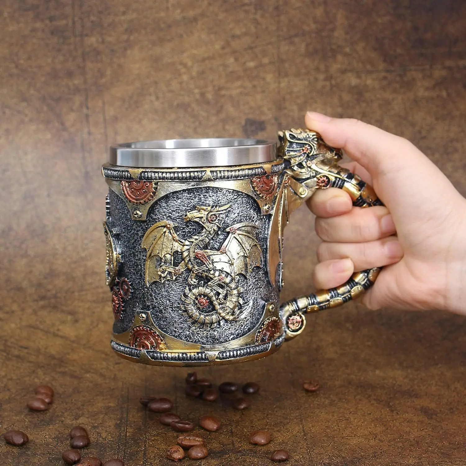 Taza de vino de resina Epic Dragon, copa de acero inoxidable con detalles de dragón hechos a mano, vajilla de fantasía Retro para fiestas