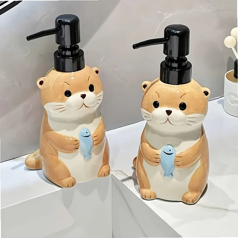 Cute Otter Ceramic Soap Dispenser Refillable Lotion Pump for Soap Lotion Essential Oil Home Kitchen Countertop Decor