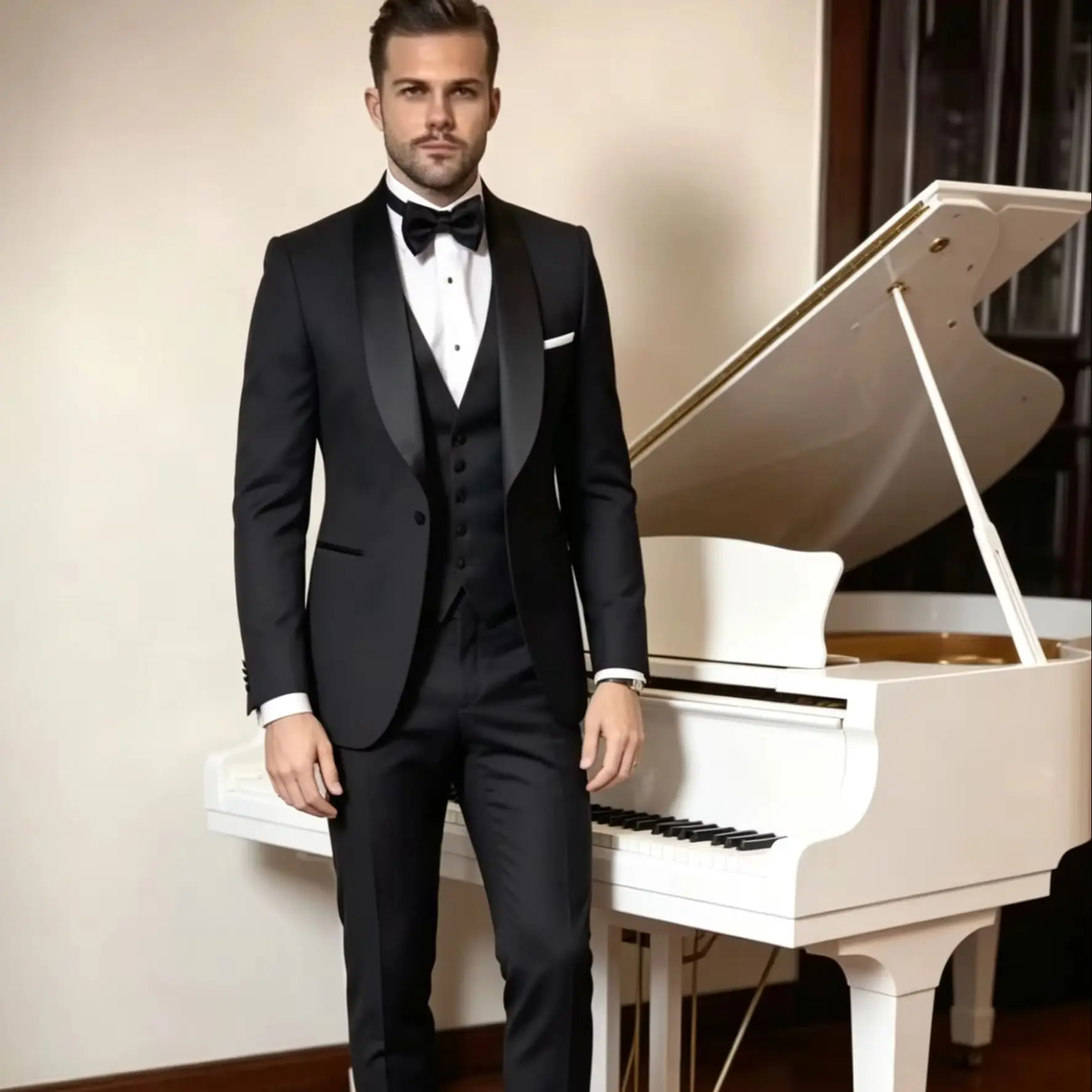 

Slim Fit Black 3-Piece Men's Tuxedo Elegant Groom Shawl Lapel Blazer Vest Pants Set for Wedding Business Prom Male Men Outfits
