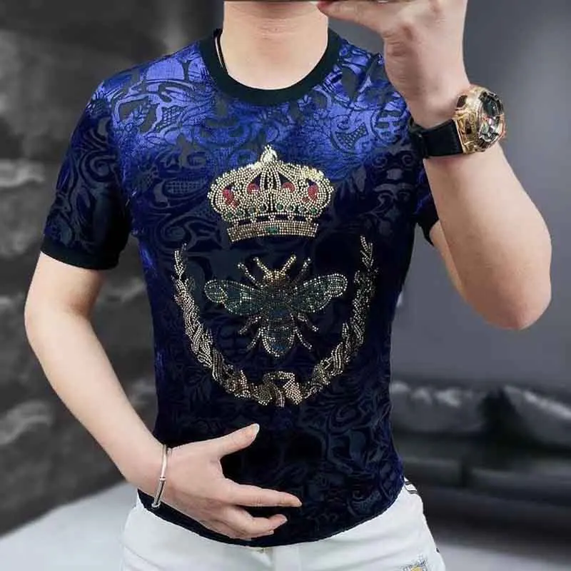 Men's 2024 Summer New Laser Sequin European and American Style Fashion Versatile Slim Trend Slim Short Sleeve T-Shirt