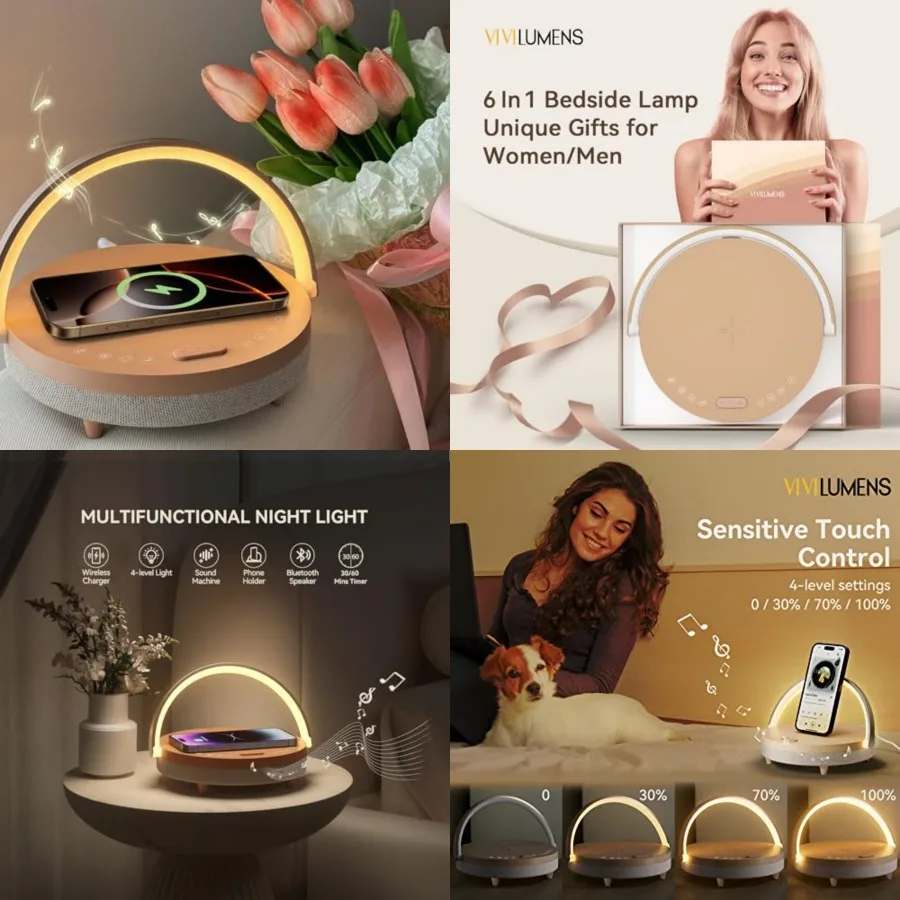 

Birthday Gifts for Women 6 in 1 Bedside Lamps with Wireless Charger Bluetooth Speaker White Noise Machine Music Table Lamp with