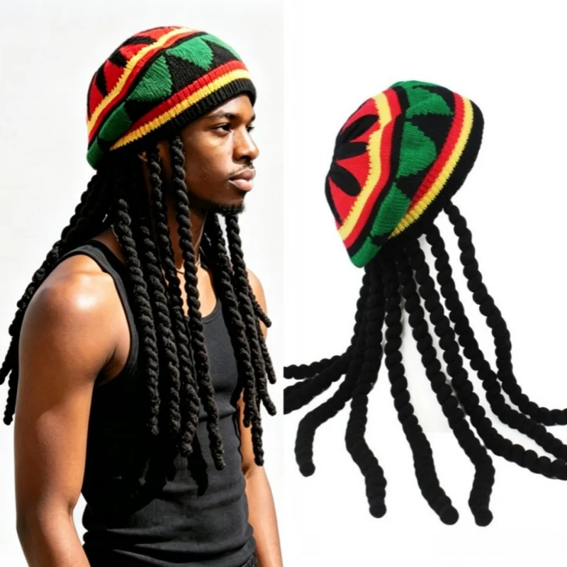 African Synthetic Wigs Dreadlocks Curls Braid Hat Jamaican Rasta  Knit Beanie Cap Halloween Cosplay Party Caribbean Crochet Hat