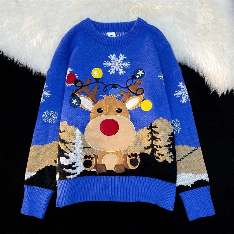 Christmas Cartoon Deer Embroidery Sweater Men Women Chaopai Couples Clothes Autumn Winter Male Knitwear Lazy Senior Pullover