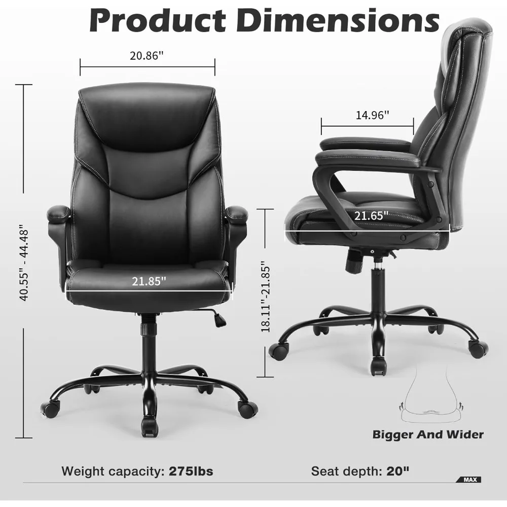 Sillas ejecutivas de escritorio de oficina de cuero grandes y altas con respaldo alto y brazos Soporte lumbar ergonómico, altura ajustable, ruedas