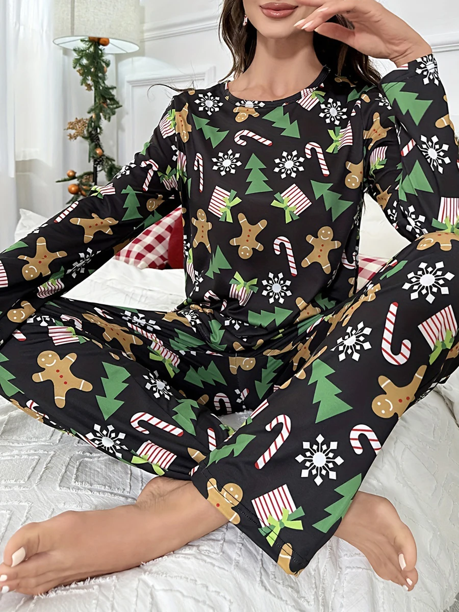 Women Christmas Pajama Set 2 Pieces Snow/Tree Print Long Sleeve T-shirt with Elastic Waist Pants Outfits Sleepwear Loungewear