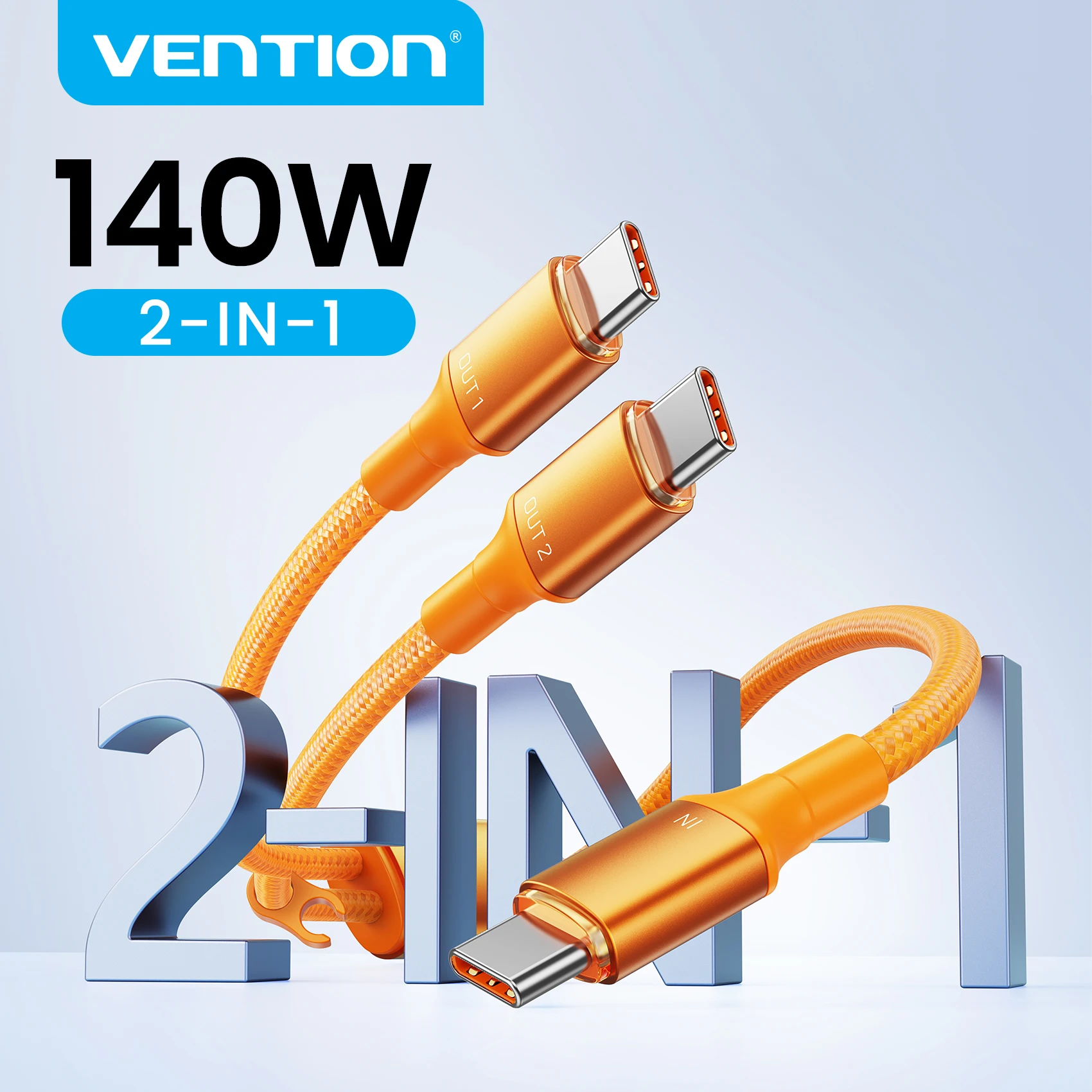 Vention 140W USB-C auf Typ-C 2-in-1 PD3.1 Schnellladekabel USB-C auf Dual-Typ-C-Kabel für Laptop, Tablet, iPhone 17, Samsung