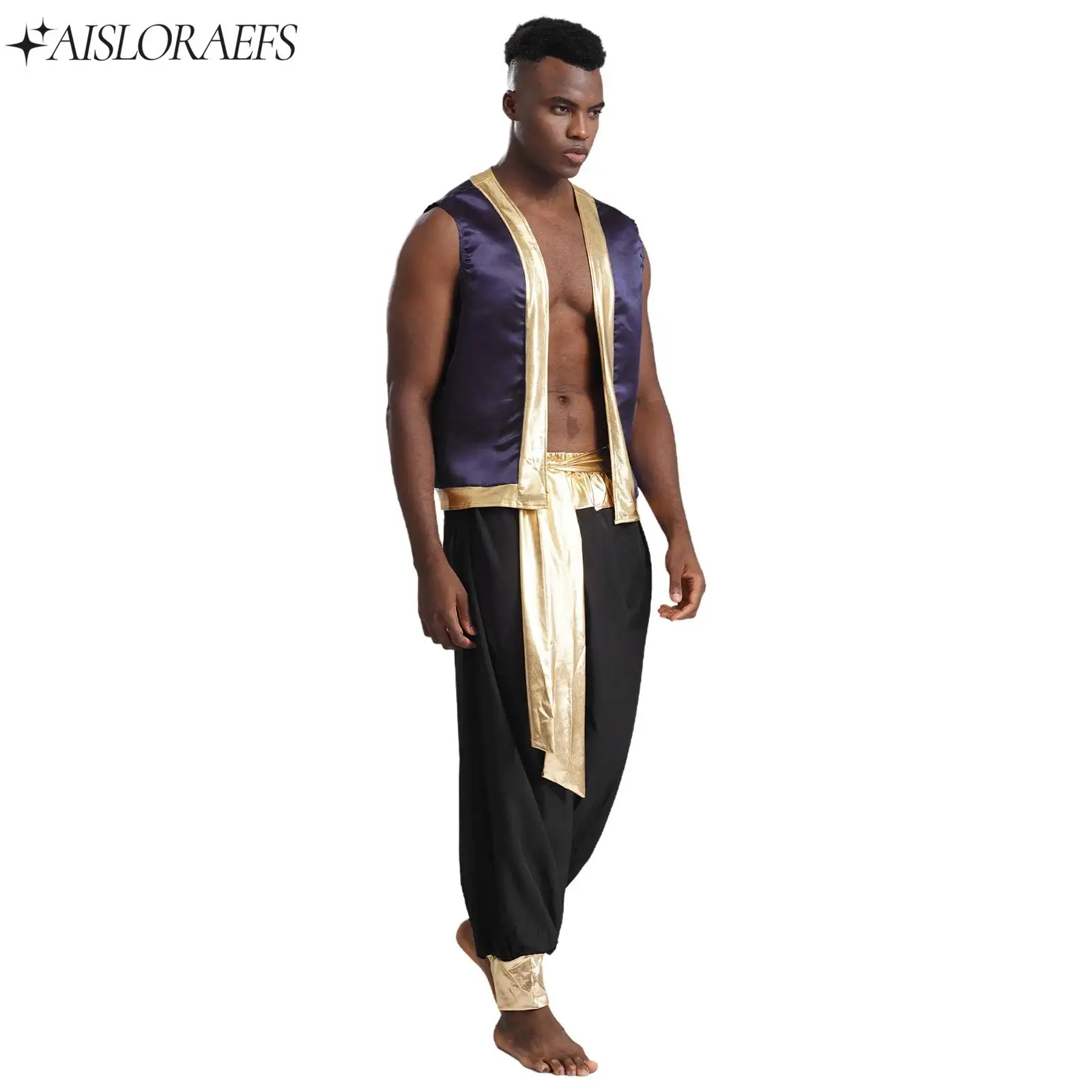 

Men Role Play Arabian Prince Costume Metallic Shiny Trim Open Front Vest with Long Pants 2 Piece Set for Halloween Cosplay Party