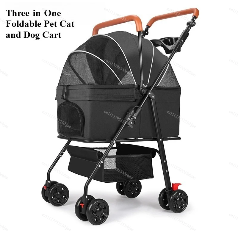 Three-in-one foldable pet cat and dog cart detachable pet cage sunshade canopy small and lightweight foldable teddy bear style