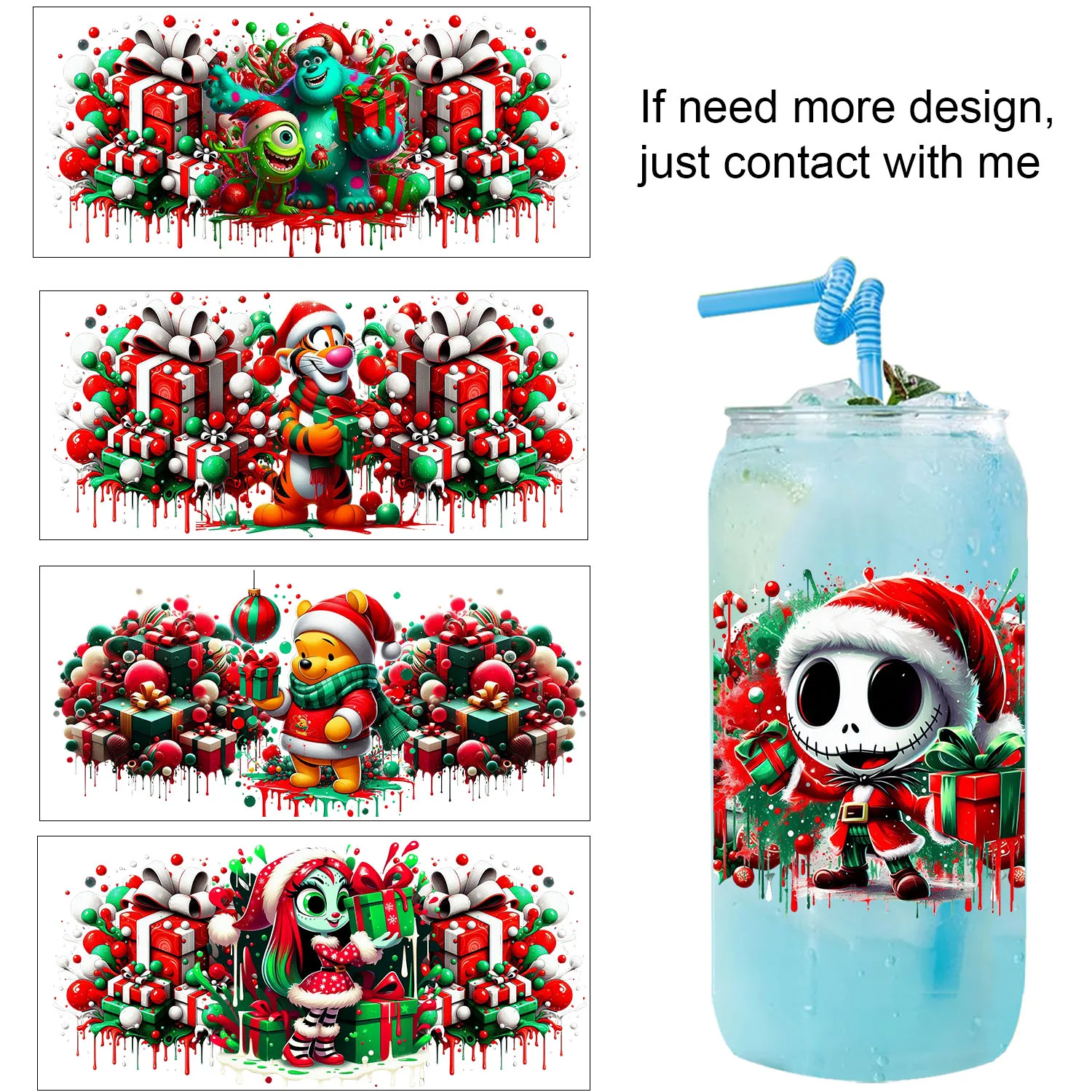 

Happy Christmas Winnie anim easy peel waterproof Party DIY Decals 3D transfers uvdtf tumbler seal stickers 16oz uv dtf cup wraps