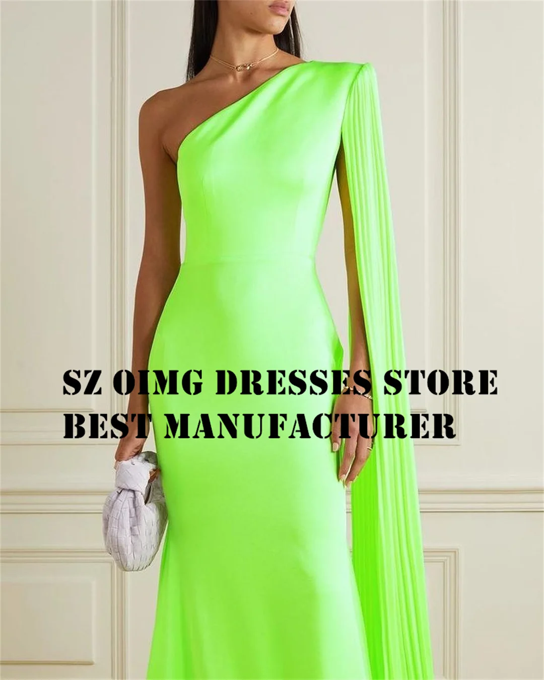 OIMG Elegant Satin Prom Dresses One-Shoulder Green Floor Length Pleated Cape Sleeves Women Evening Gowns Formal Party Dress